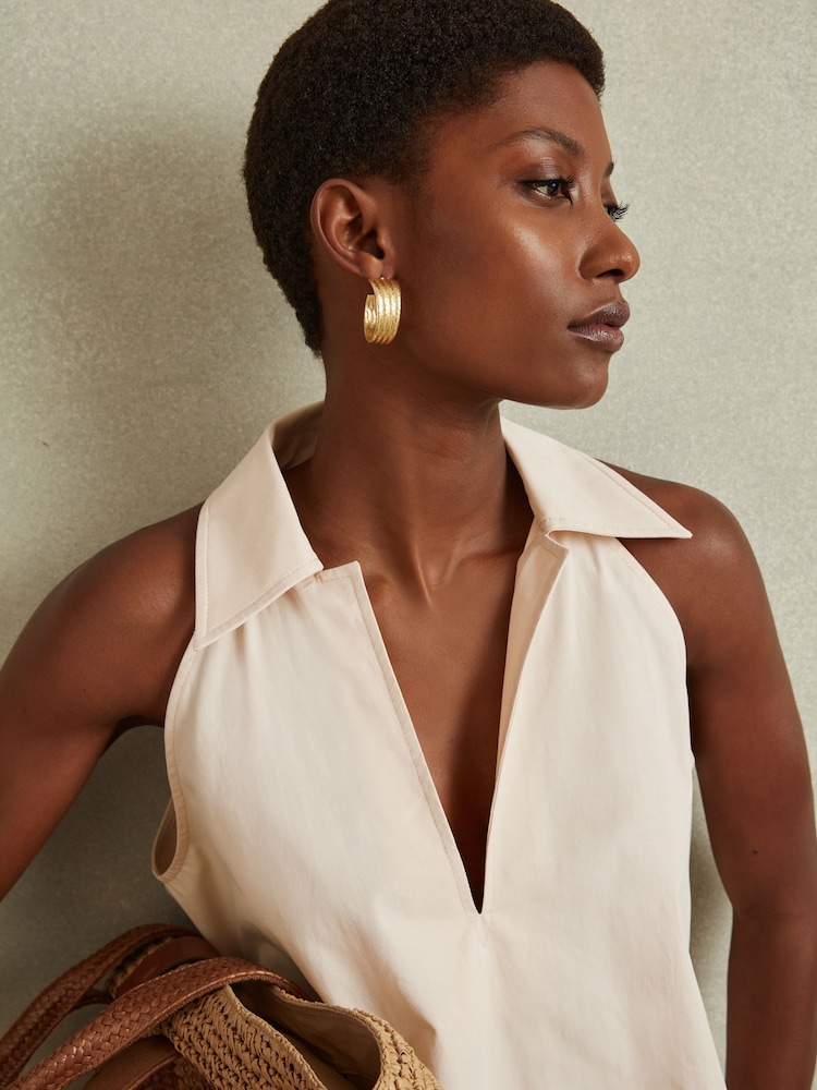 Reiss Neutral Layla Open-Collar Cotton Blend Sleeveless Top - Image 1 of 5