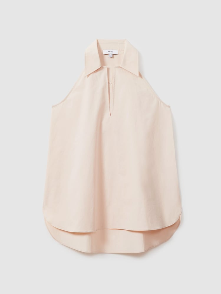 Reiss Neutral Layla Open-Collar Cotton Blend Sleeveless Top - Image 2 of 5