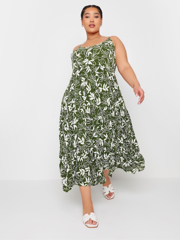 Yours Curve Green Leaf Print Crinkle Tiered Maxi Dress - Image 1 of 5