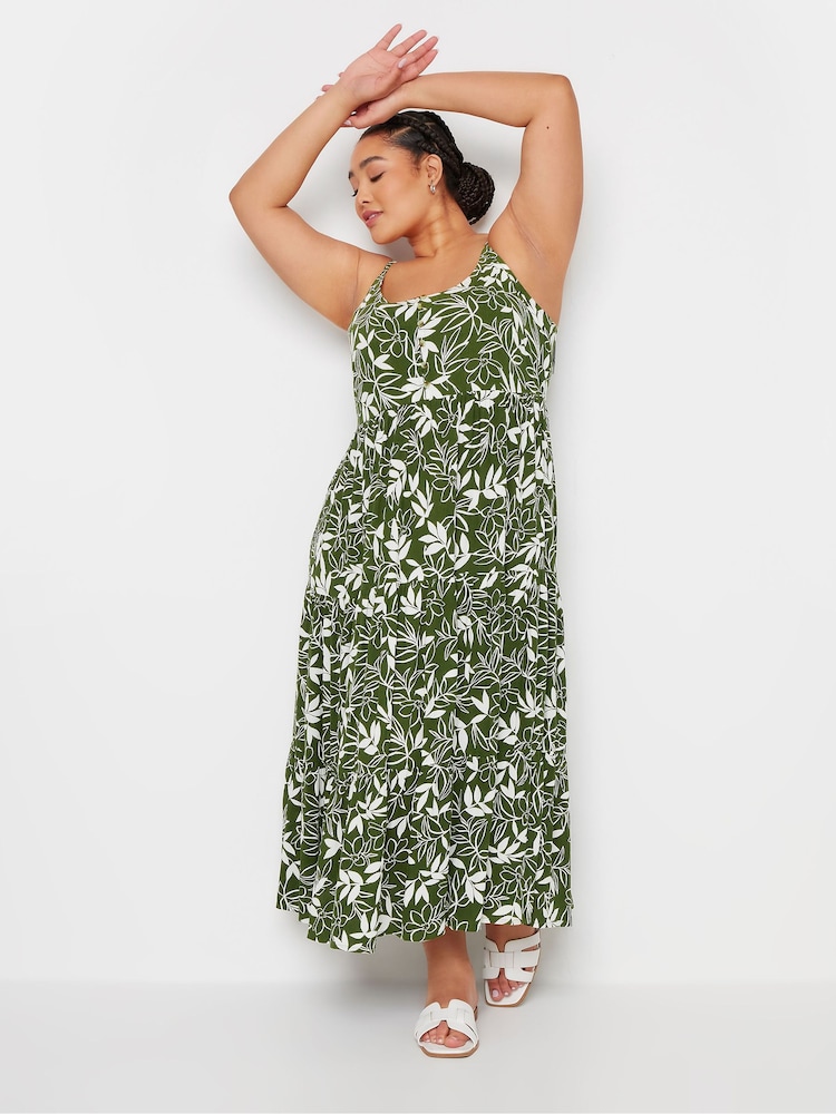 Yours Curve Green Leaf Print Crinkle Tiered Maxi Dress - Image 2 of 5