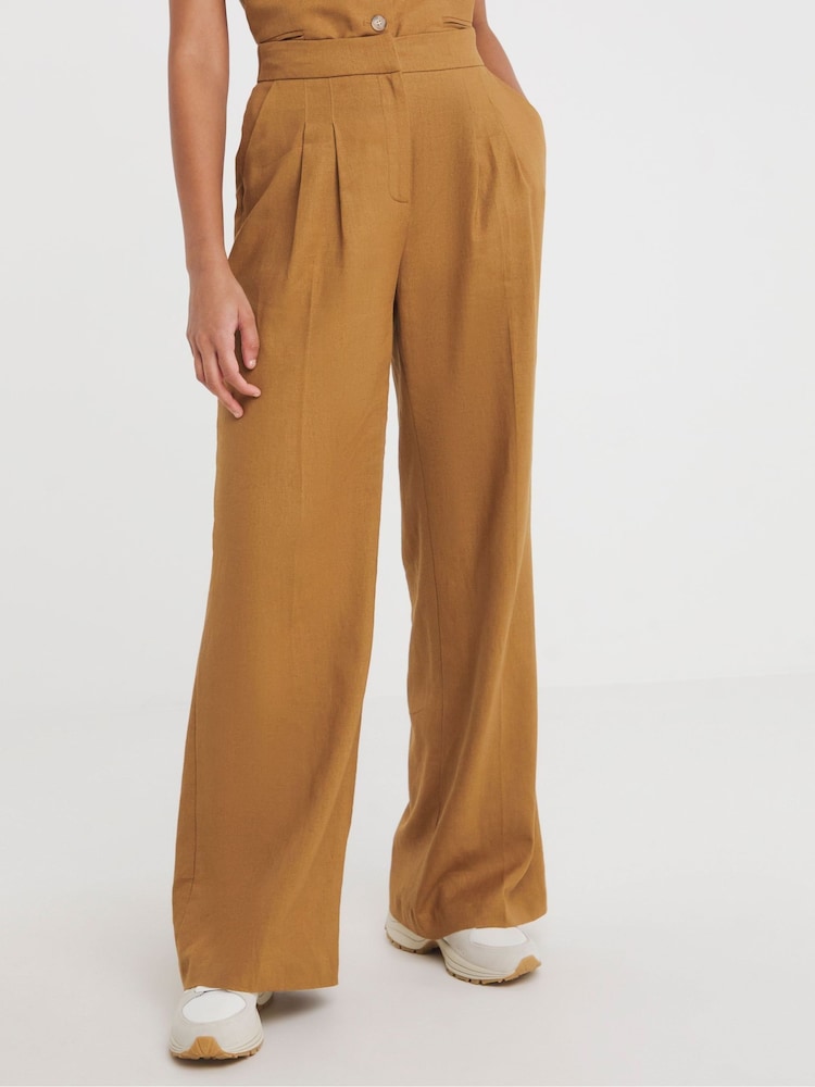 JD Williams Brown Linen Pleated Wide Leg Trousers - Image 1 of 4