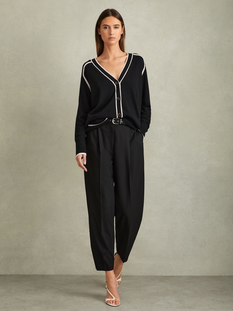 Reiss Black/Stone Abi Wool Blend Contrast Tipped Cardigan with Cashmere - Image 1 of 5