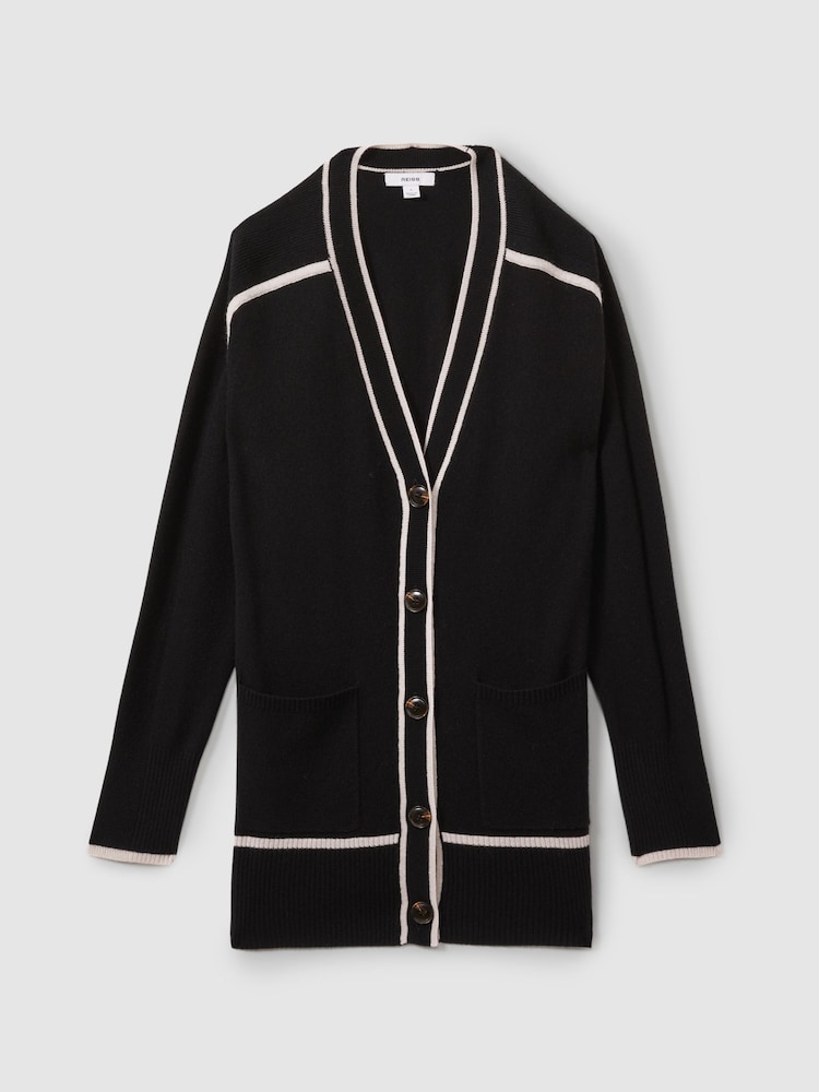 Reiss Black/Stone Abi Wool Blend Contrast Tipped Cardigan with Cashmere - Image 2 of 5