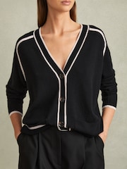 Reiss Black/Stone Abi Wool Blend Contrast Tipped Cardigan with Cashmere - Image 3 of 5