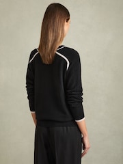Reiss Black/Stone Abi Wool Blend Contrast Tipped Cardigan with Cashmere - Image 4 of 5