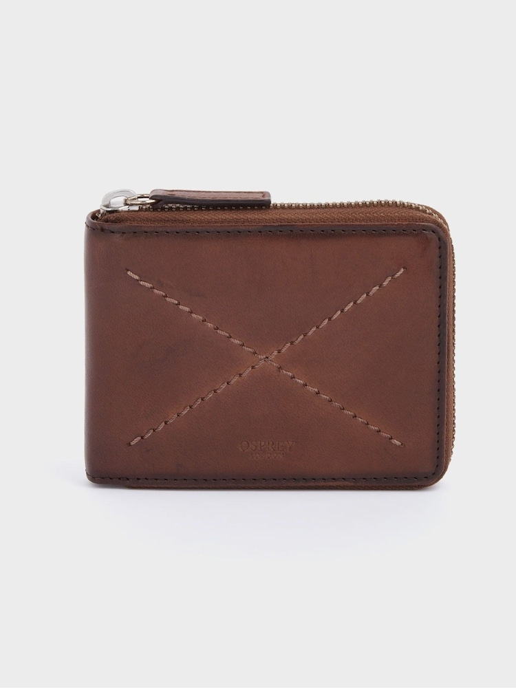 OSPREY LONDON The X Stitch Leather RFID Zip-Round Coin ID Brown Wallet - Image 2 of 7