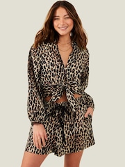 Accessorize Brown Leopard Print Tie Front 100% Cotton Shirt - Image 1 of 4