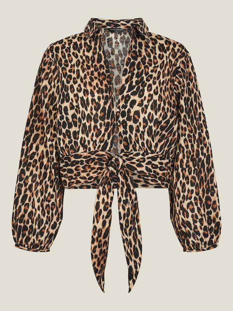 Accessorize Brown Leopard Print Tie Front 100% Cotton Shirt - Image 4 of 4