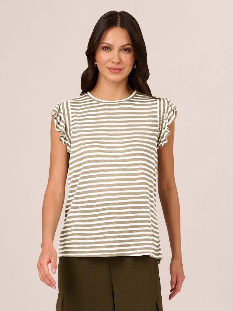 Adrianna Papell Green Ruffle Sleeve Striped Crew Neck Slub T-Shirt - Image 1 of 6