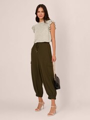 Adrianna Papell Green Ruffle Sleeve Striped Crew Neck Slub T-Shirt - Image 2 of 6