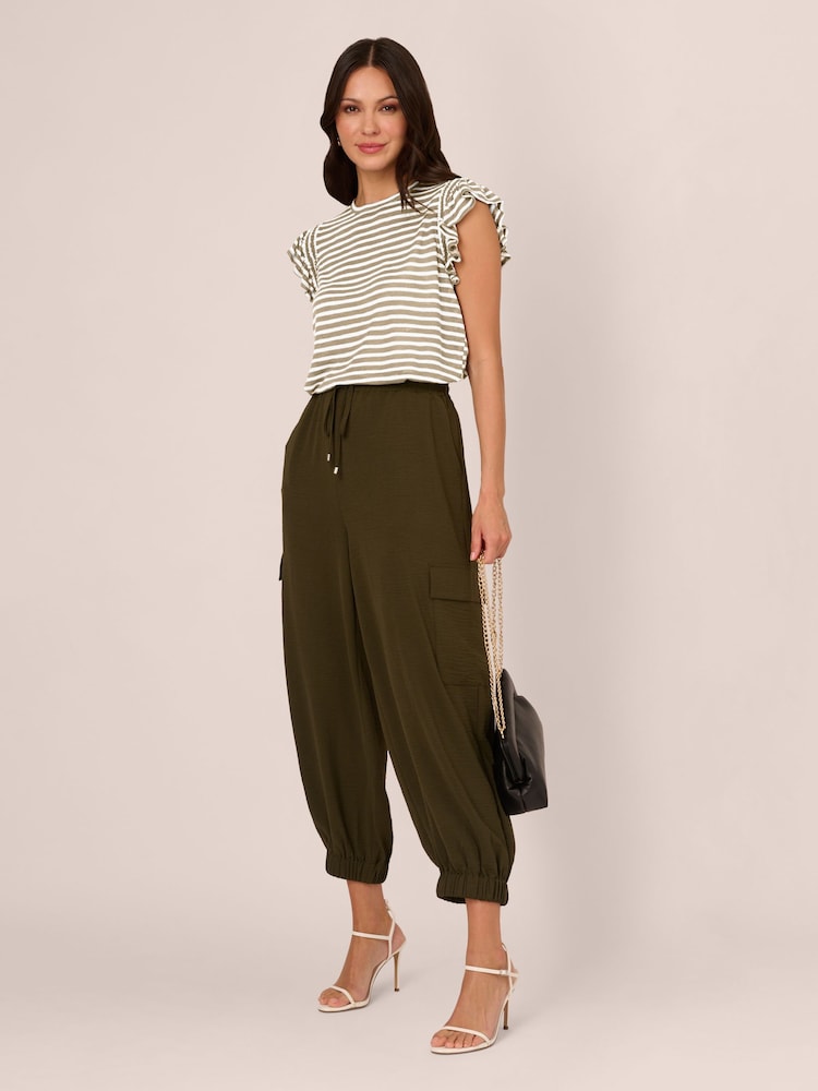 Adrianna Papell Green Ruffle Sleeve Striped Crew Neck Slub T-Shirt - Image 2 of 6