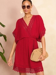 Love & Roses Red Lace Trim Belted Cover Up Kaftan - Image 1 of 4
