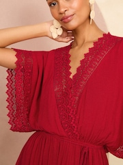 Love & Roses Red Lace Trim Belted Cover Up Kaftan - Image 2 of 4
