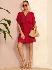 Love & Roses Red Lace Trim Belted Cover Up Kaftan - Image 3 of 4