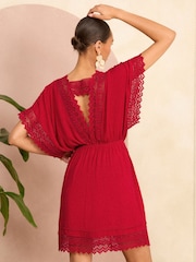 Love & Roses Red Lace Trim Belted Cover Up Kaftan - Image 4 of 4