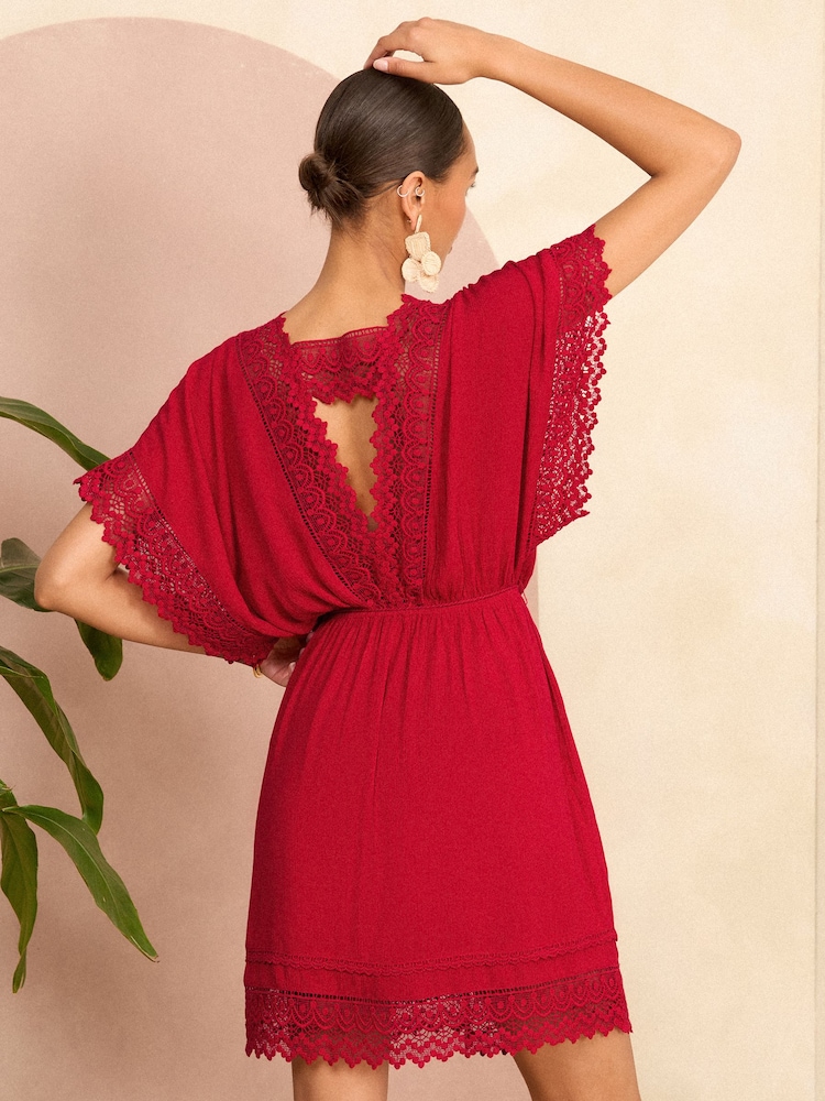 Love & Roses Red Lace Trim Belted Cover Up Kaftan - Image 4 of 4