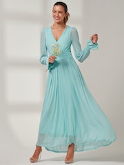 Jolie Moi Light Blue Greta Long Sleeve Mesh Maxi Dress - Image 5 of 6
