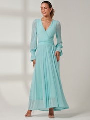 Jolie Moi Light Blue Greta Long Sleeve Mesh Maxi Dress - Image 6 of 6