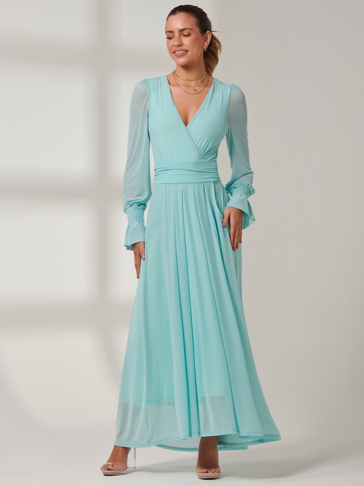 Jolie Moi Light Blue Greta Long Sleeve Mesh Maxi Dress - Image 6 of 6
