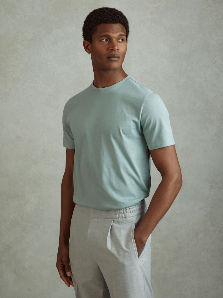 Reiss Aqua Blue Bless Cotton Crew Neck T-Shirt - Image 1 of 6