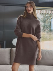 Brown Mole 100% Wool High Roll Neck Short Knitted Jumper Dress - Image 1 of 4