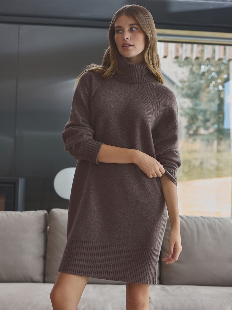 Brown Mole 100% Wool High Roll Neck Short Knitted Jumper Dress - Image 1 of 4
