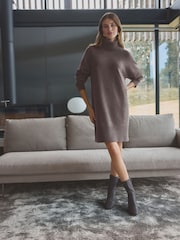 Brown Mole 100% Wool High Roll Neck Short Knitted Jumper Dress - Image 2 of 4