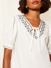 Friends Like These White Contrast Embrodiered Puff Sleeve Tie Neck Blouse - Image 1 of 4