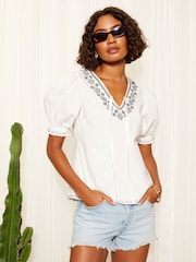 Friends Like These White Contrast Embrodiered Puff Sleeve Tie Neck Blouse - Image 2 of 4