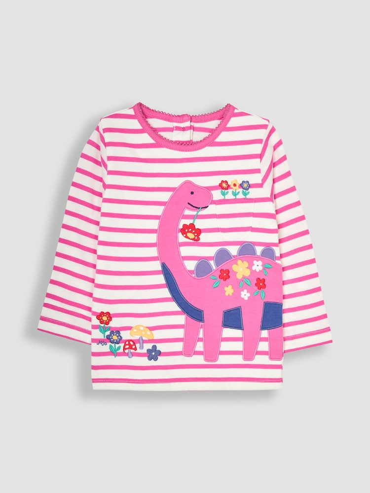 JoJo Maman Bébé Fuchsia Pink Dino Long Sleeve Stripe Appliqué Top - Image 1 of 3