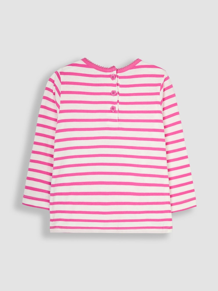 JoJo Maman Bébé Fuchsia Pink Dino Long Sleeve Stripe Appliqué Top - Image 2 of 3