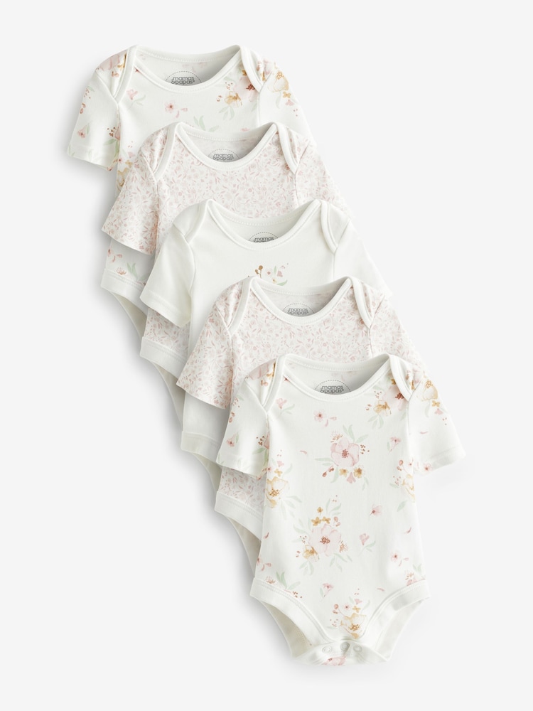 Mamas & Papas Cream 100% Cotton Flower Short Sleeve Bodysuits 5 Pack - Image 1 of 1
