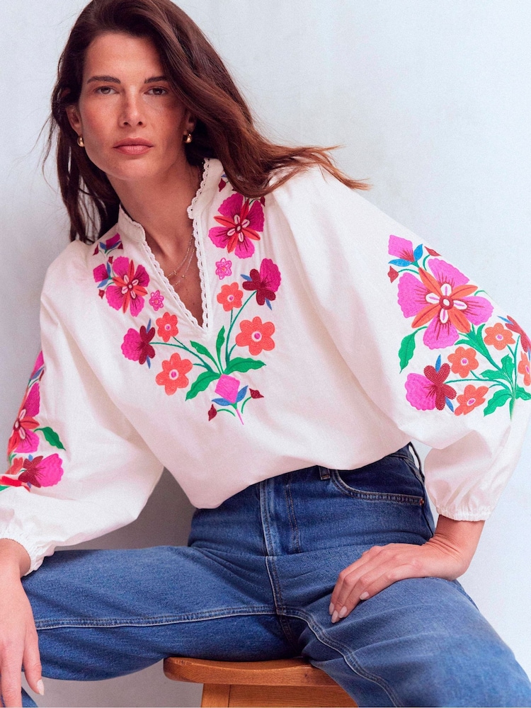 Boden White Embroidered Scallop Dolman Top - Image 1 of 5