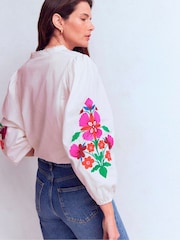 Boden White Embroidered Scallop Dolman Top - Image 3 of 5