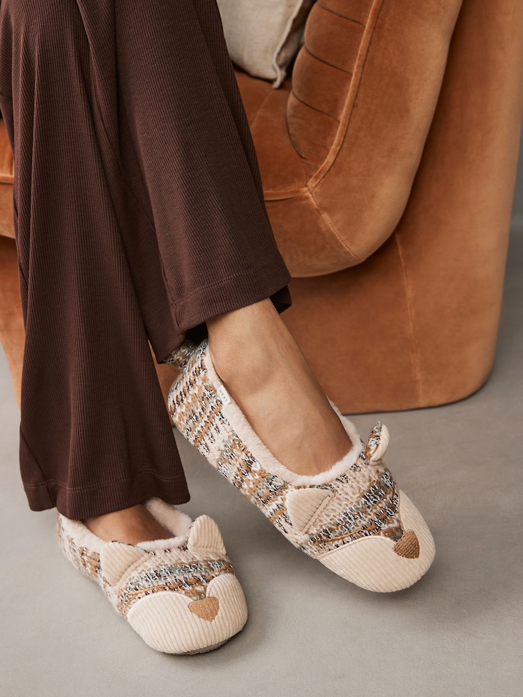 Neutral Cat Knitted Faux Fur Lined Ballet Slippers - Image 1 of 8