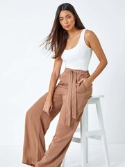 Roman Brown Tie Waist Wide Leg Trousers - Image 1 of 5