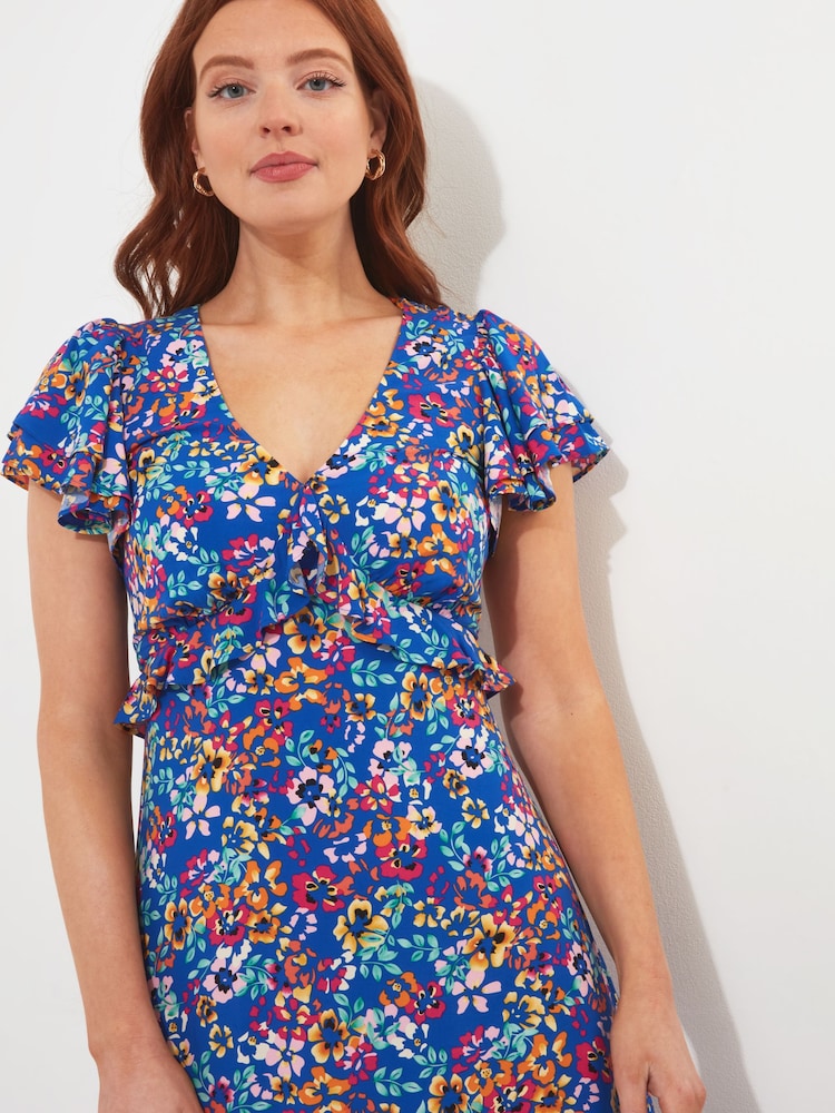 Joe Browns Blue Pansy Print Ruffle Trim Knee Length Dress - Image 2 of 4 Joe Browns Blue Pansy Print Ruffle Trim Knee Length Dress - Image 2 of 4