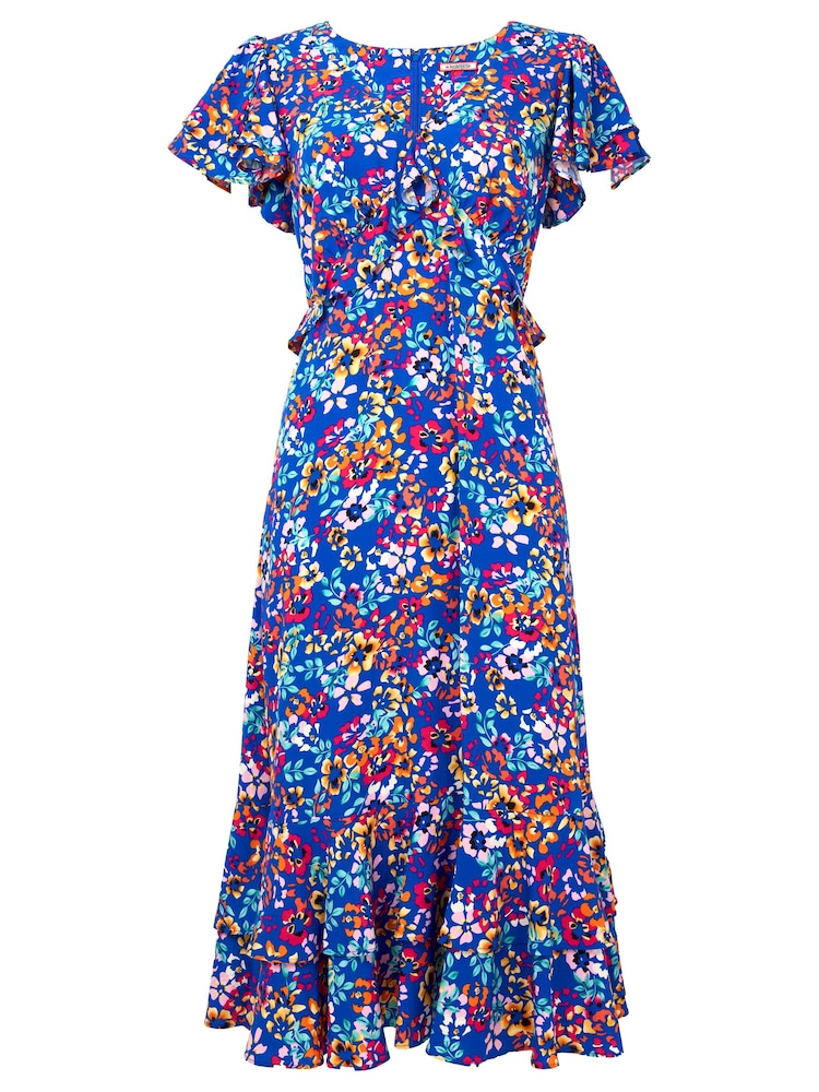 Joe Browns Blue Pansy Print Ruffle Trim Knee Length Dress - Image 4 of 4