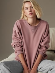 Marron taupe - Sweat oversize décontracté épais brossé long à col rond - Image 1 of 7