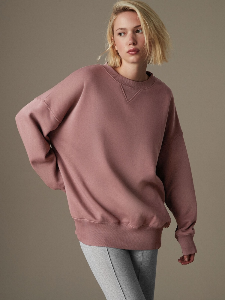 Marron taupe - Sweat oversize décontracté épais brossé long à col rond - Image 3 of 7