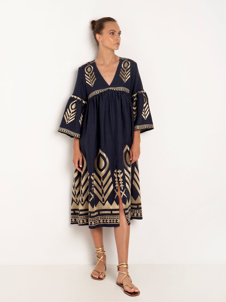 Greek Archaic Kori Blue Embroidered 100% Linen Bell Sleeve Mini Slit Dress - Image 1 of 3