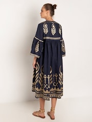 Greek Archaic Kori Blue Embroidered 100% Linen Bell Sleeve Mini Slit Dress - Image 2 of 3
