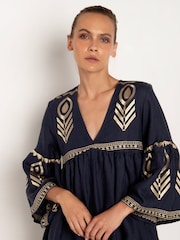 Greek Archaic Kori Blue Embroidered 100% Linen Bell Sleeve Mini Slit Dress - Image 3 of 3