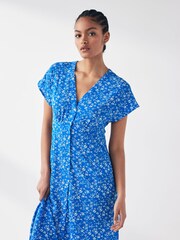 ONLY Blue Printed Short Sleeve Button Up Midi Shirt Dress - Image 2 of 5