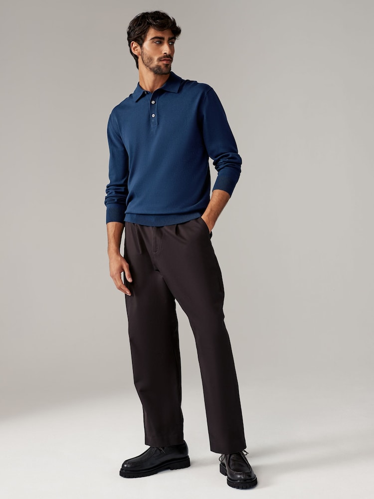 Navy Blue/Neutral Regular Fit Knitted Long Sleeve Polo Shirts 2 Pack - Image 3 of 10