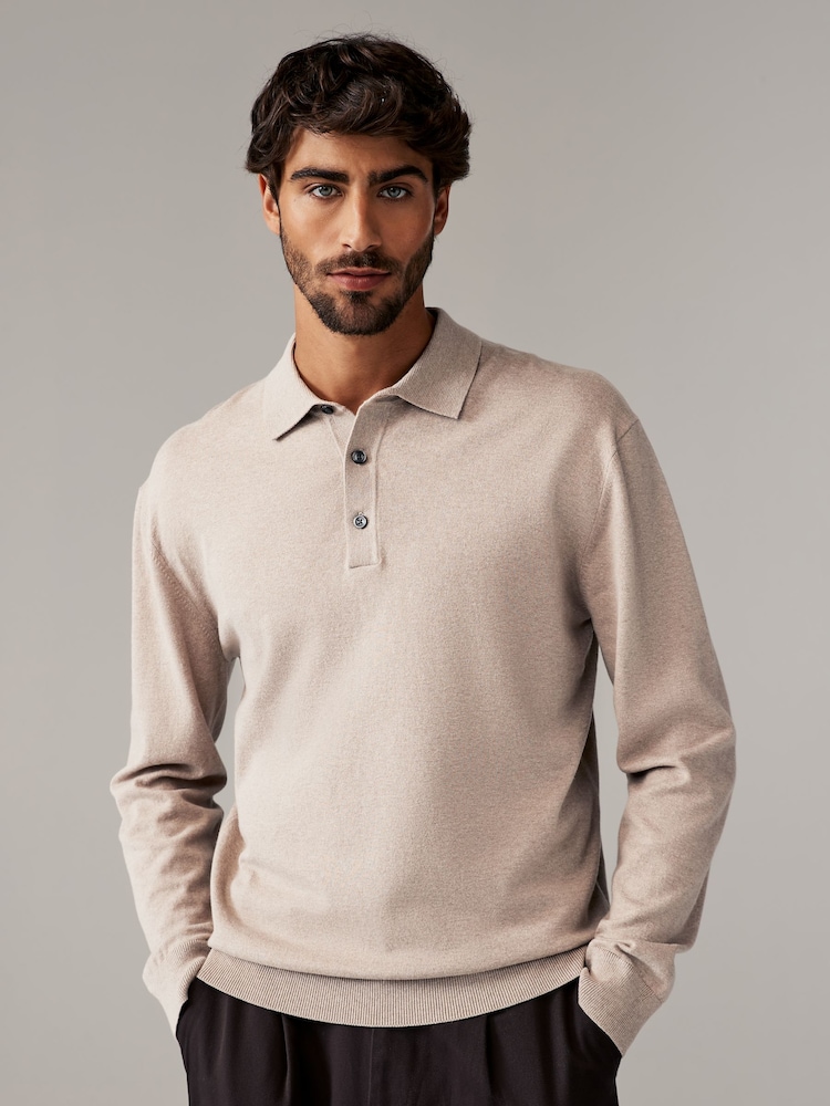Navy Blue/Neutral Regular Fit Knitted Long Sleeve Polo Shirts 2 Pack - Image 4 of 10