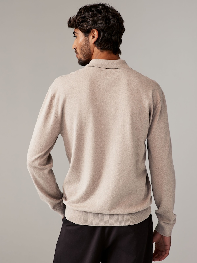 Navy Blue/Neutral Regular Fit Knitted Long Sleeve Polo Shirts 2 Pack - Image 5 of 10