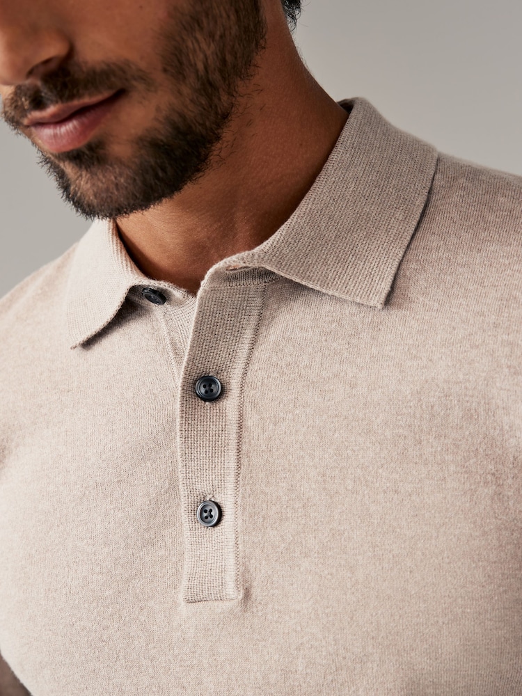 Navy Blue/Neutral Regular Fit Knitted Long Sleeve Polo Shirts 2 Pack - Image 6 of 10