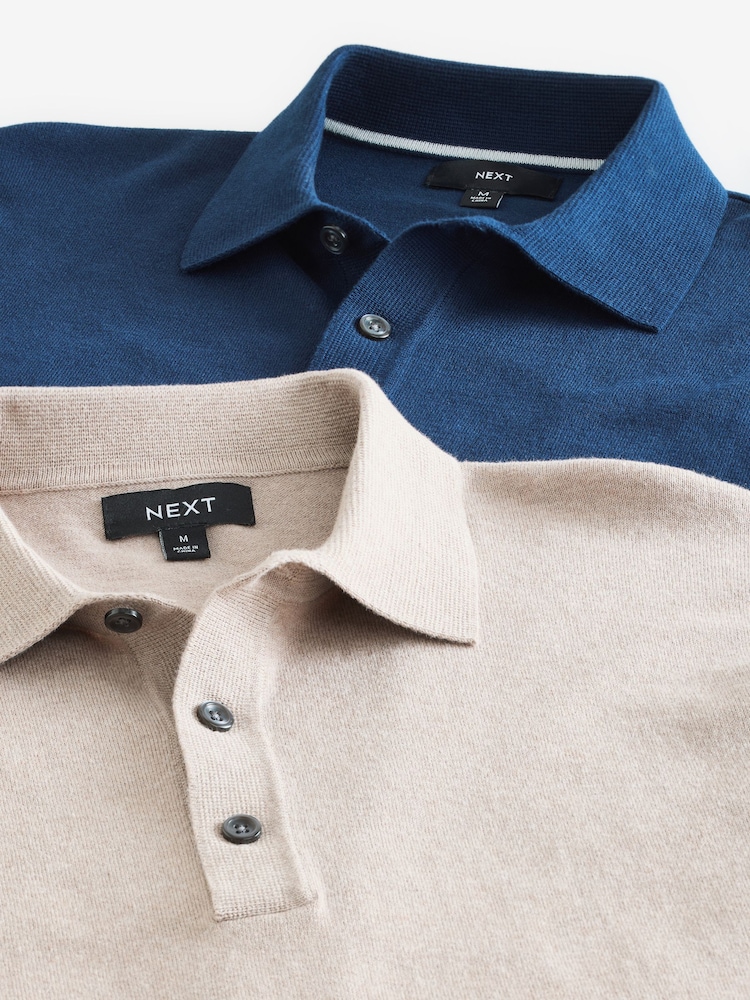 Navy Blue/Neutral Regular Fit Knitted Long Sleeve Polo Shirts 2 Pack - Image 9 of 10