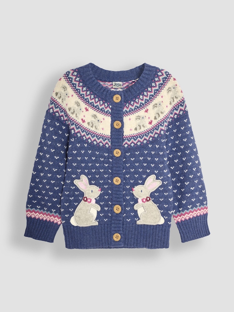 JoJo Maman Bébé Blue Bunny Knit Fairisle Pattern Cardigan - Image 1 of 3